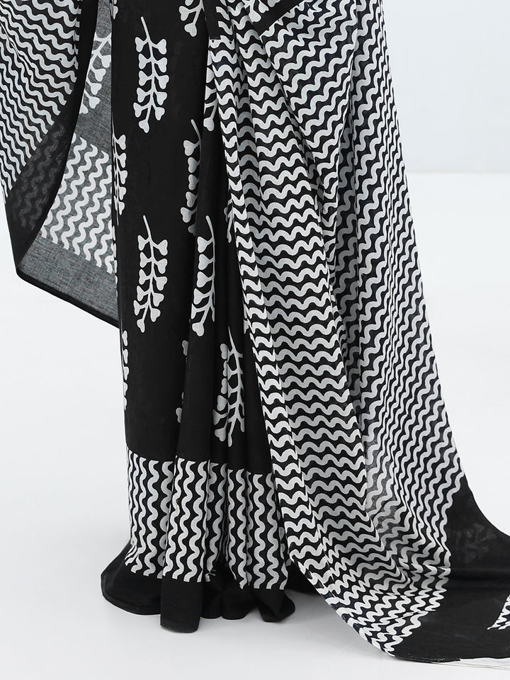 Black Printed Cotton Saree With Unstitched Blouse Piece