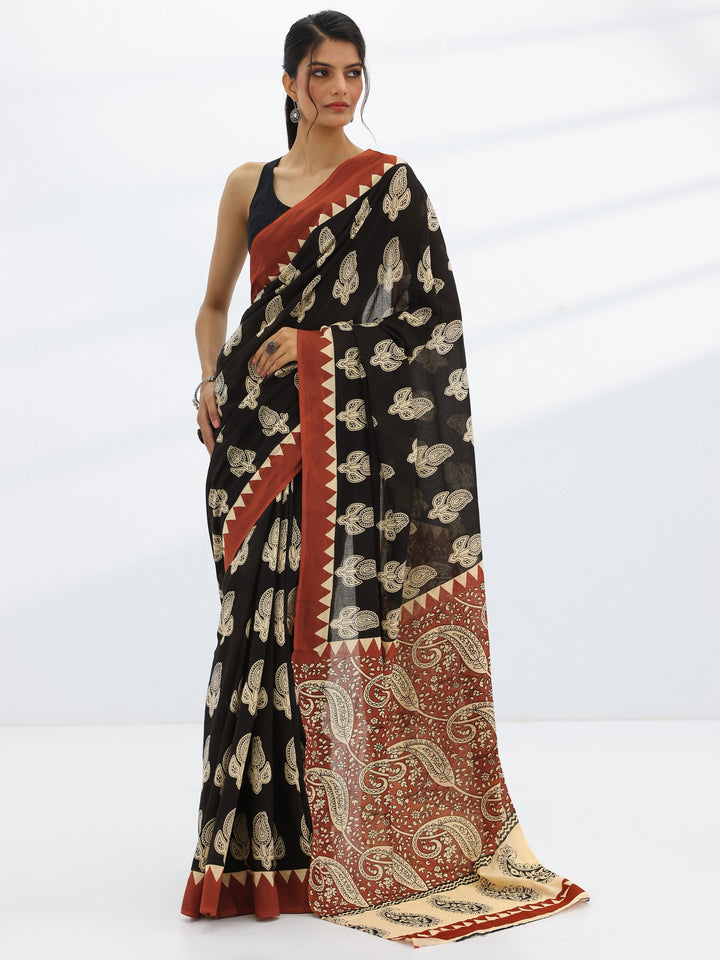 Black Printed Cotton Saree With Unstitched Blouse Piece