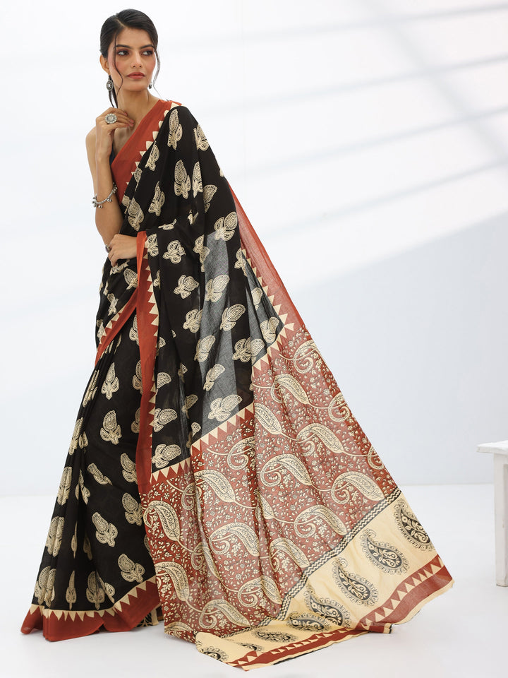 Black Printed Cotton Saree With Unstitched Blouse Piece