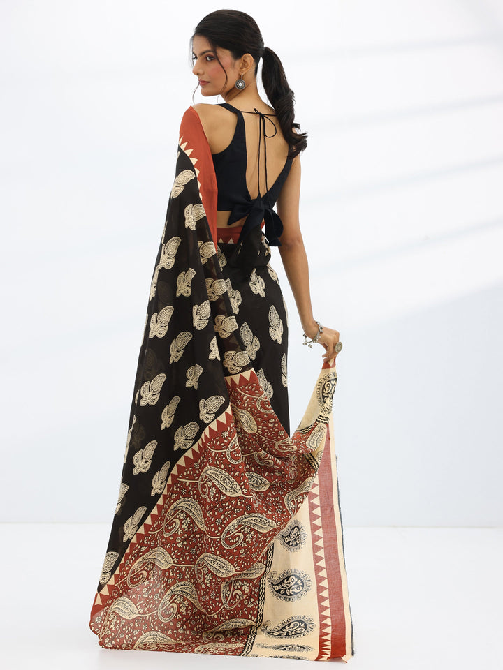 Black Printed Cotton Saree With Unstitched Blouse Piece