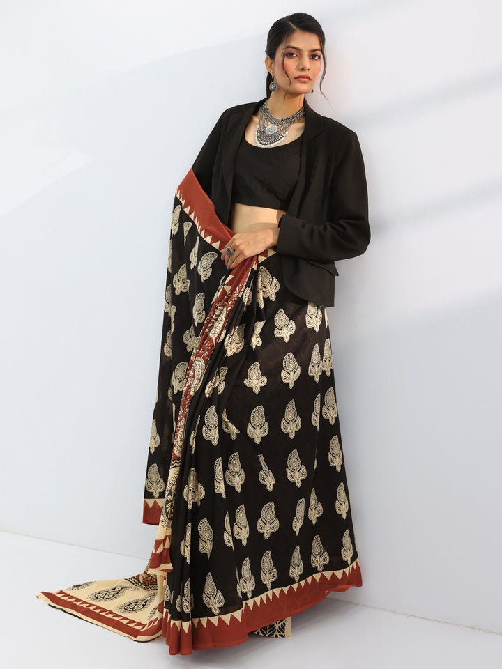Black Printed Cotton Saree With Unstitched Blouse Piece