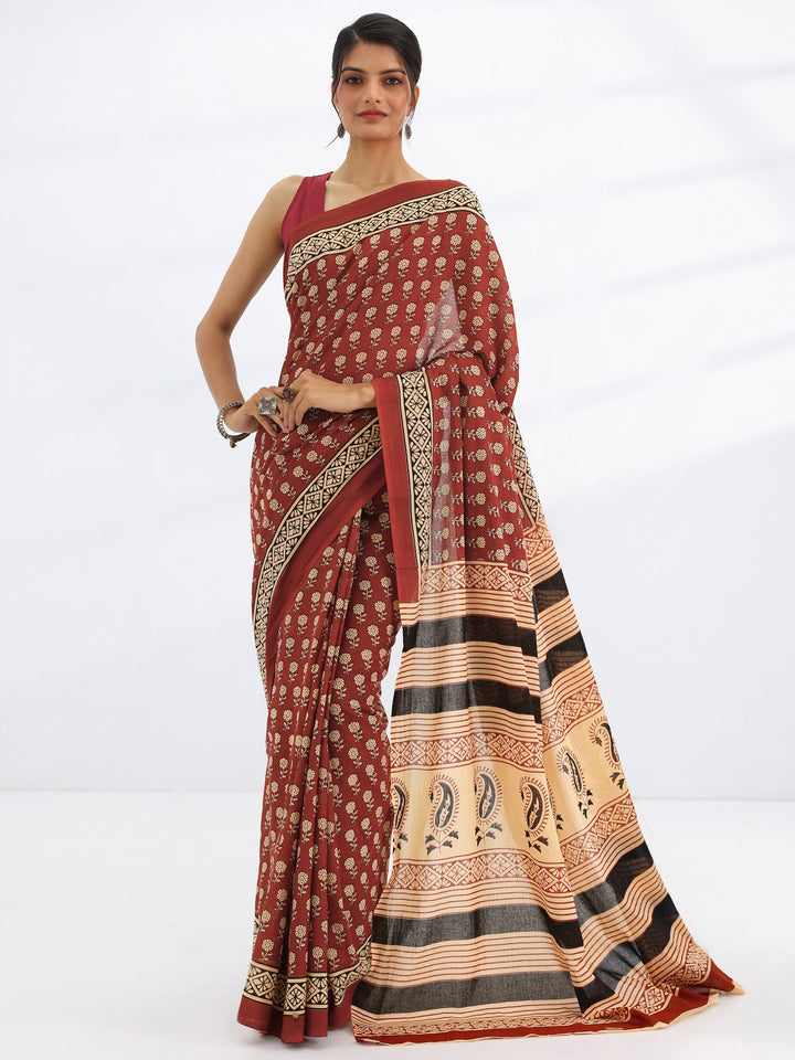 Rust Solid Cotton Saree With Unstitched Blouse Piece