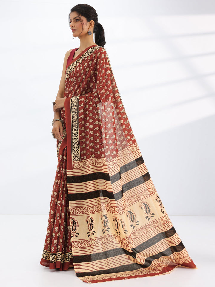 Rust Solid Cotton Saree With Unstitched Blouse Piece