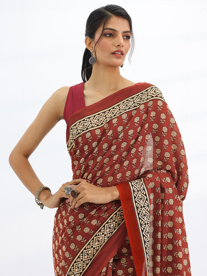 Rust Solid Cotton Saree With Unstitched Blouse Piece