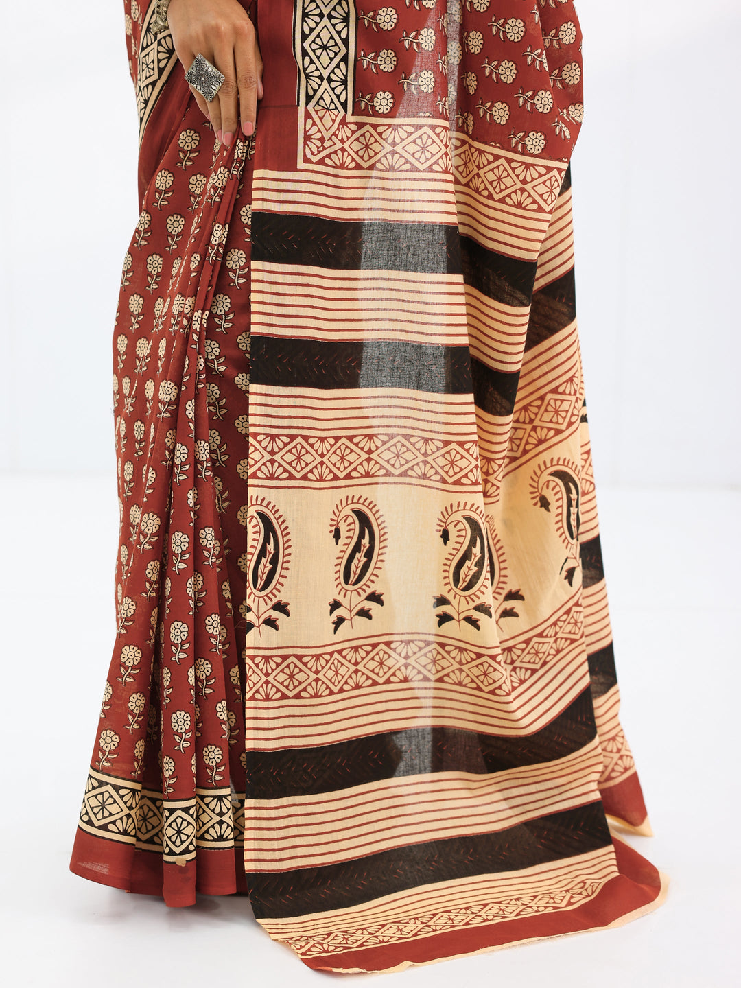 Rust Solid Cotton Saree With Unstitched Blouse Piece