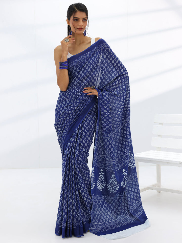 Blue Solid Cotton Saree With Unstitched Blouse Piece
