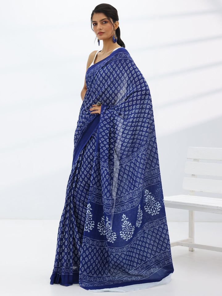 Blue Solid Cotton Saree With Unstitched Blouse Piece