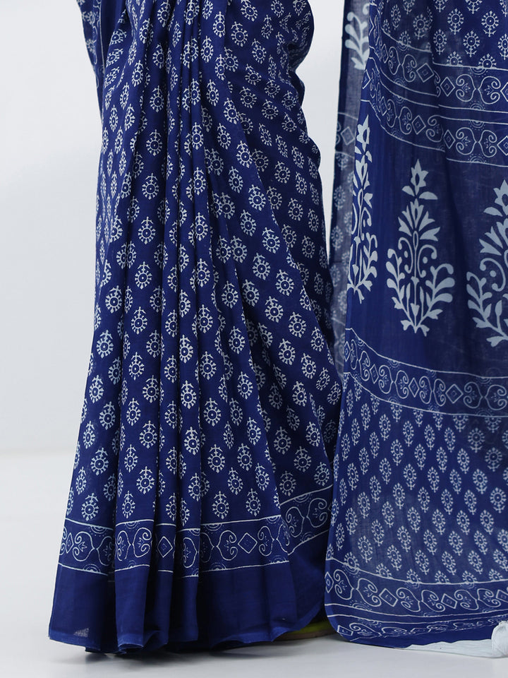 Blue Solid Cotton Saree With Unstitched Blouse Piece