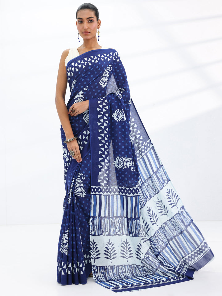 Blue Solid Cotton Saree With Unstitched Blouse Piece