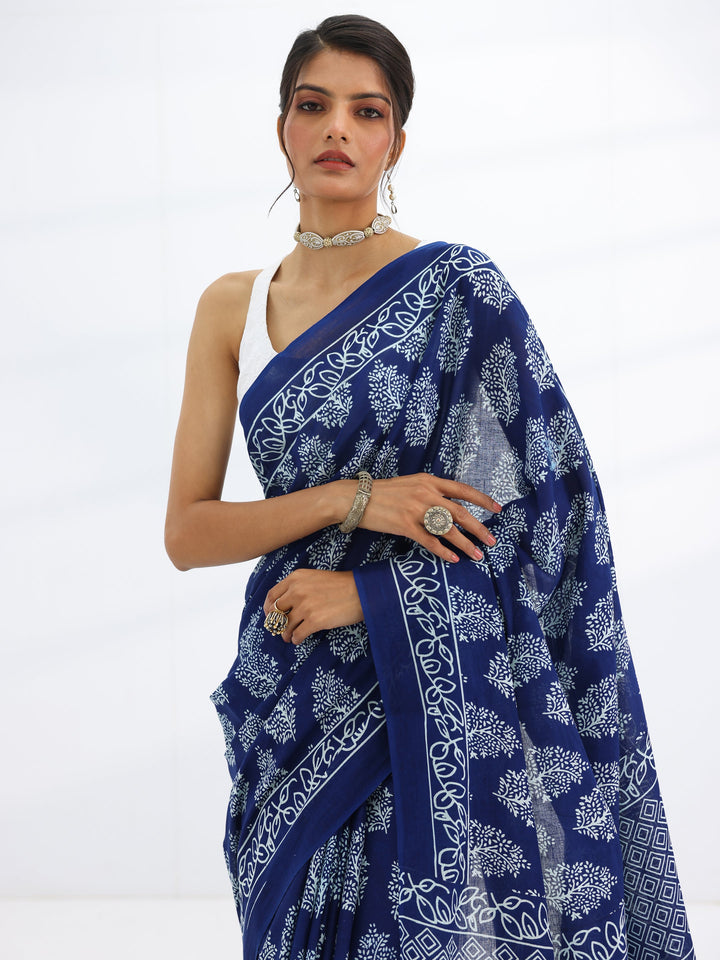 Blue Solid Cotton Saree With Unstitched Blouse Piece
