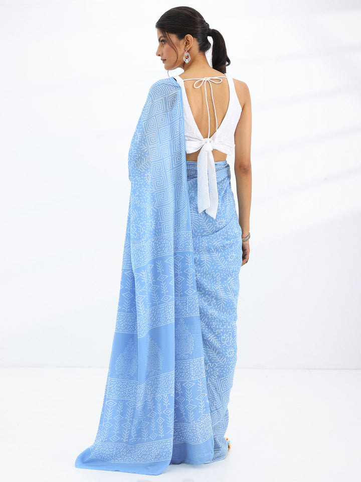 Blue Printed Cotton Saree With Unstitched Blouse Piece