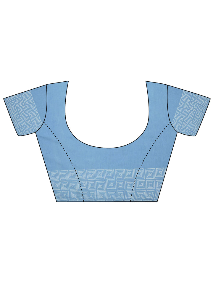 Blue Printed Cotton Saree With Unstitched Blouse Piece