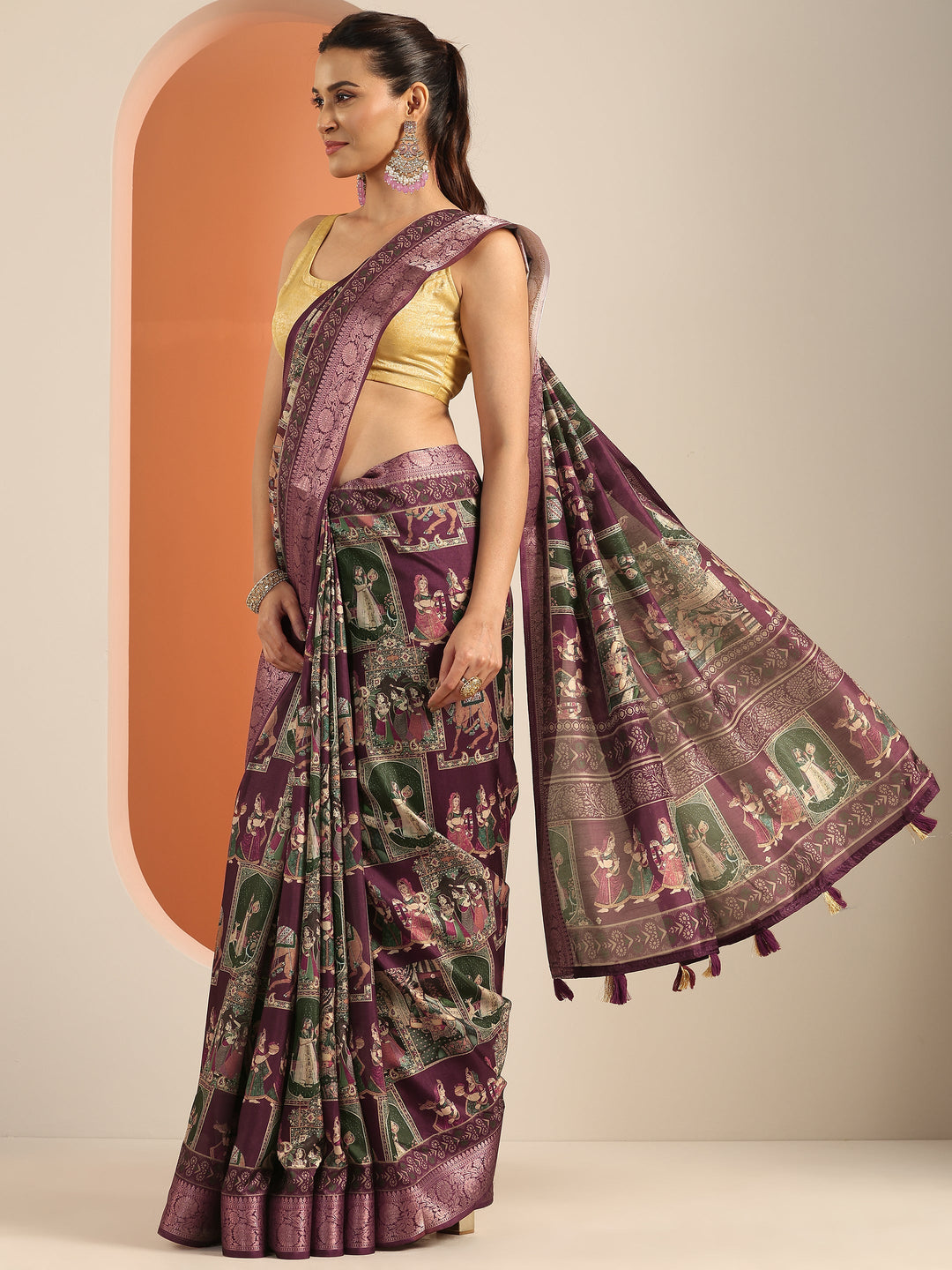 Burgundy Printed Silk Blend Saree With Unstitched Blouse Piece