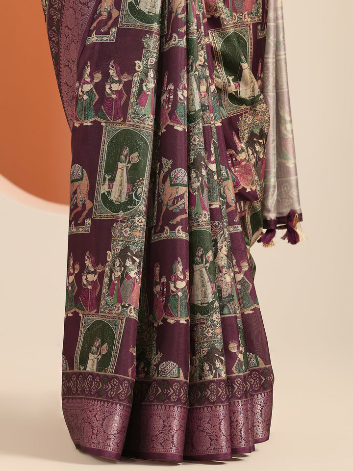 Burgundy Printed Silk Blend Saree With Unstitched Blouse Piece