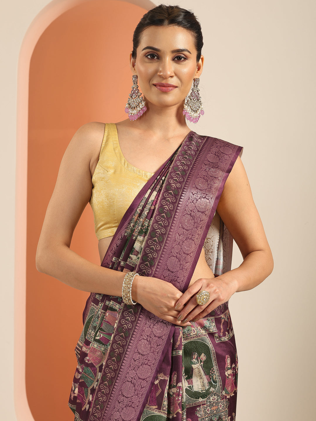 Burgundy Printed Silk Blend Saree With Unstitched Blouse Piece