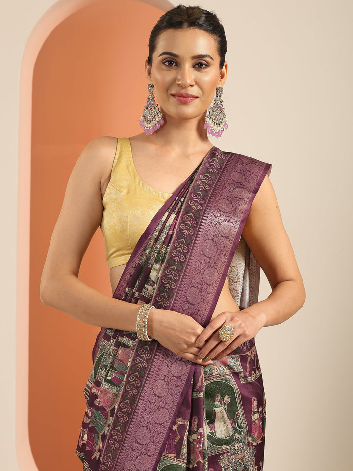 Burgundy Printed Silk Blend Saree With Unstitched Blouse Piece