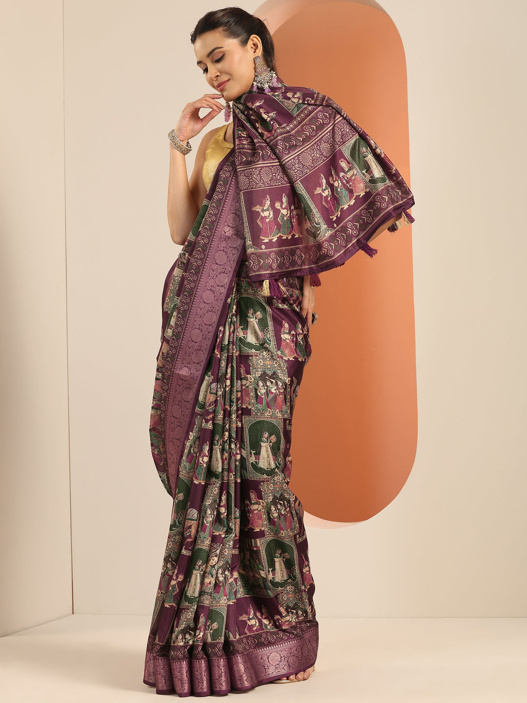 Burgundy Printed Silk Blend Saree With Unstitched Blouse Piece