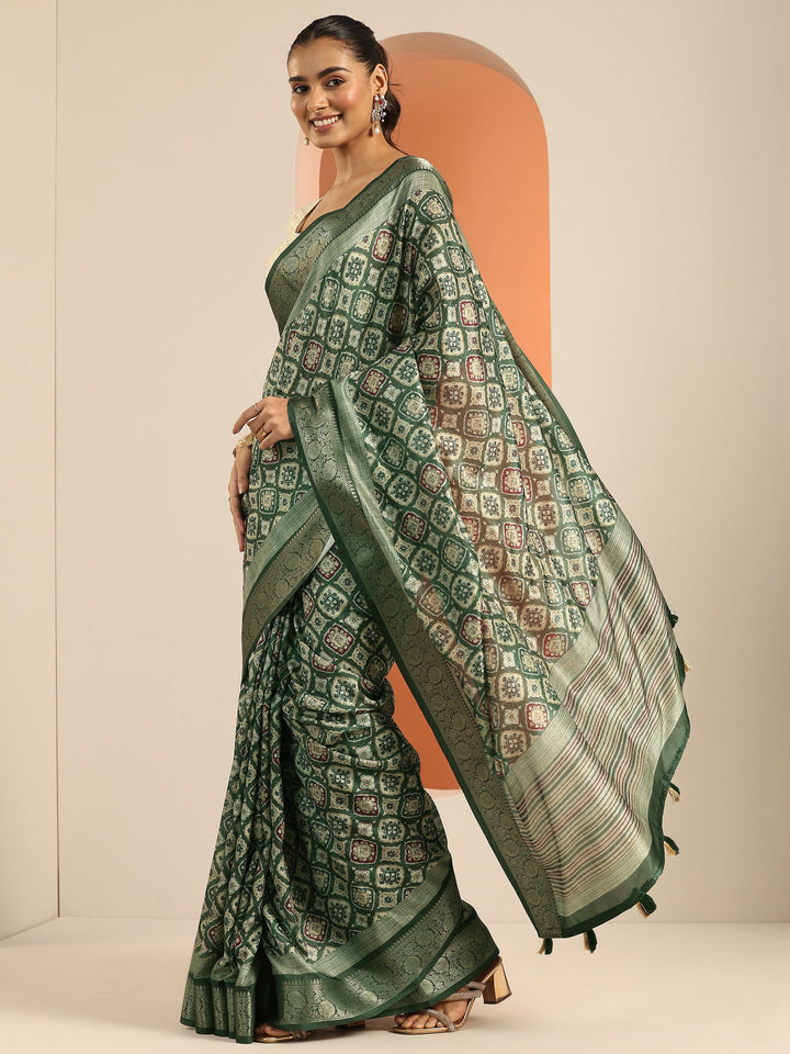 Green Printed Silk Blend Saree With Unstitched Blouse Piece