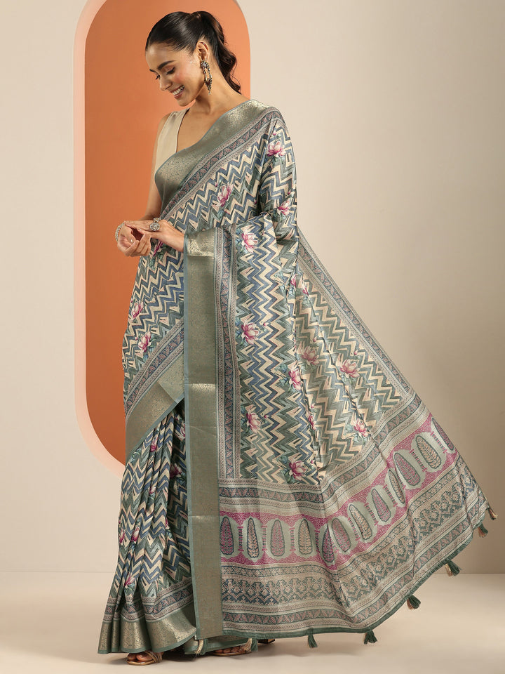Blue Printed Silk Blend Saree With Unstitched Blouse Piece