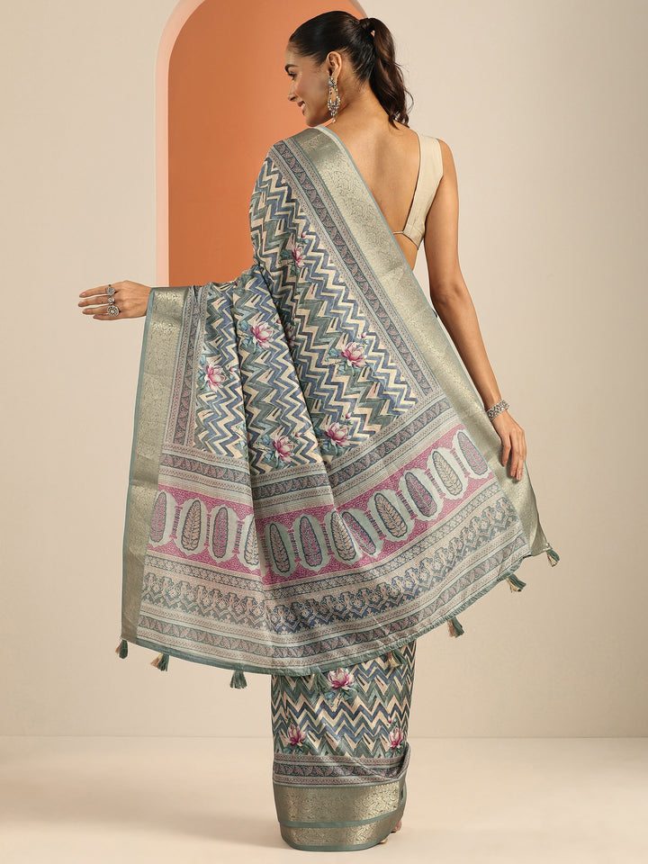 Blue Printed Silk Blend Saree With Unstitched Blouse Piece