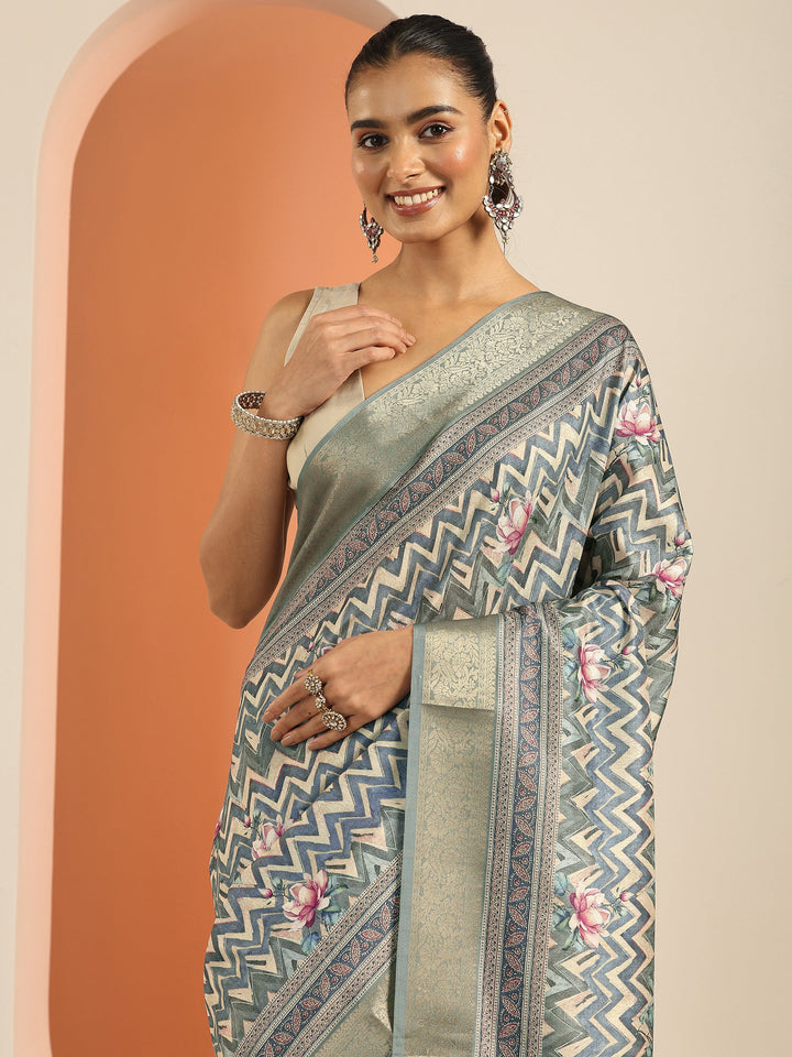 Blue Printed Silk Blend Saree With Unstitched Blouse Piece