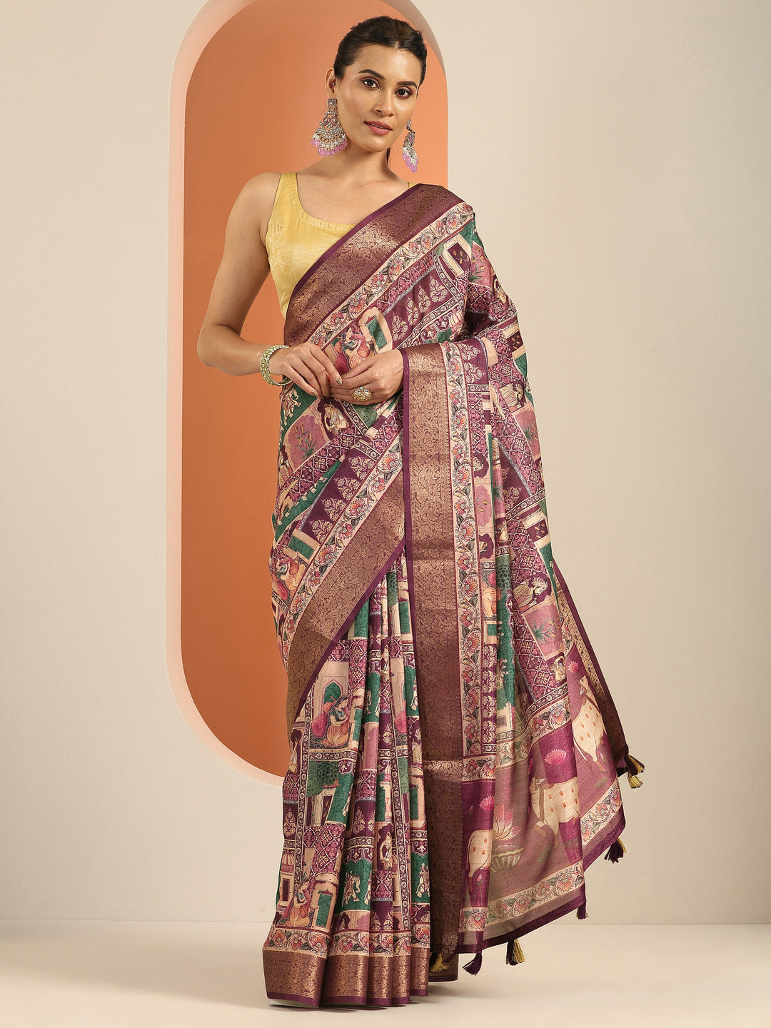 Burgundy Printed Silk Blend Saree With Unstitched Blouse Piece