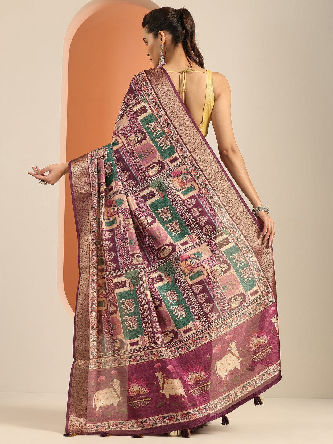 Burgundy Printed Silk Blend Saree With Unstitched Blouse Piece