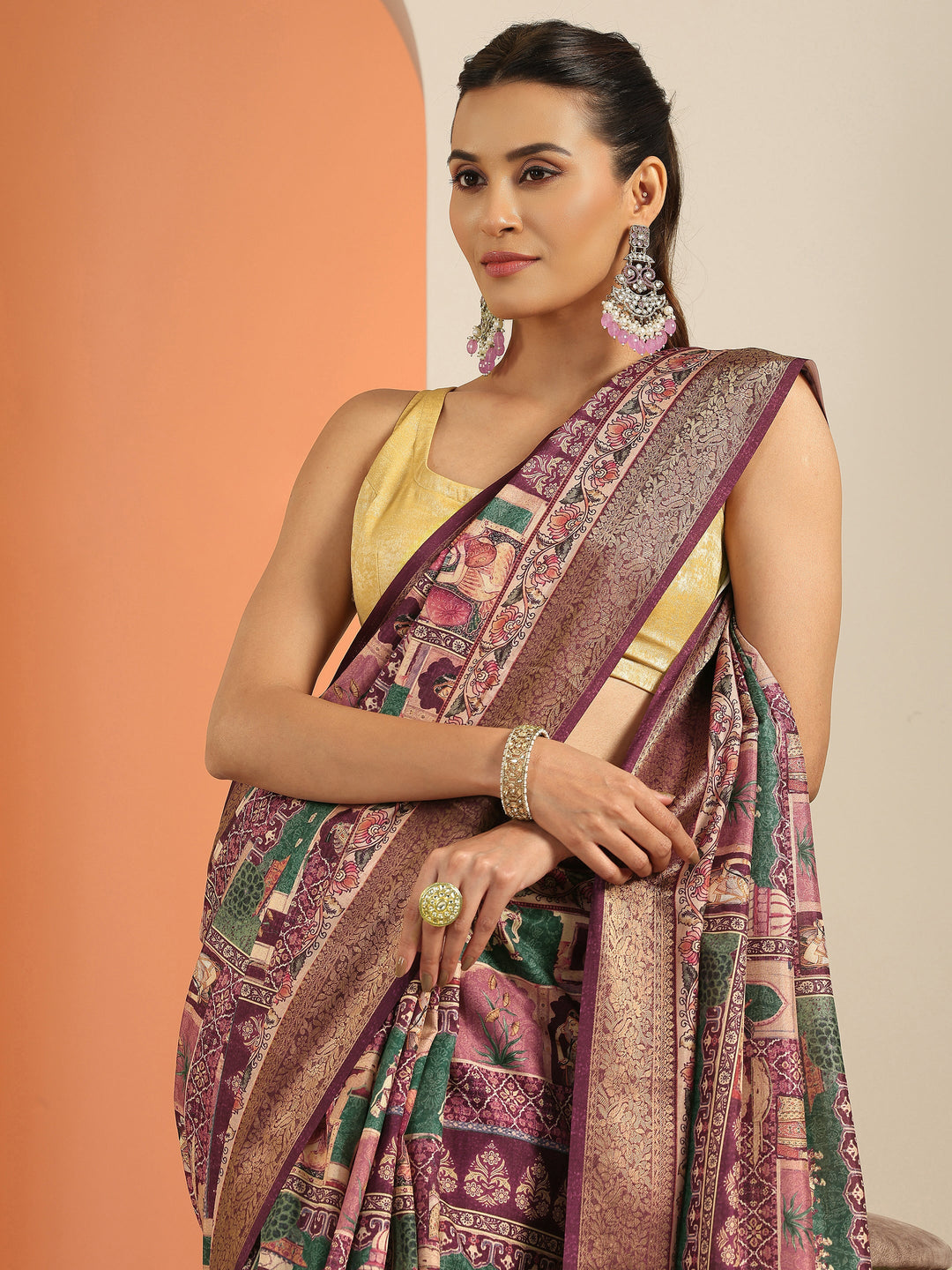 Burgundy Printed Silk Blend Saree With Unstitched Blouse Piece