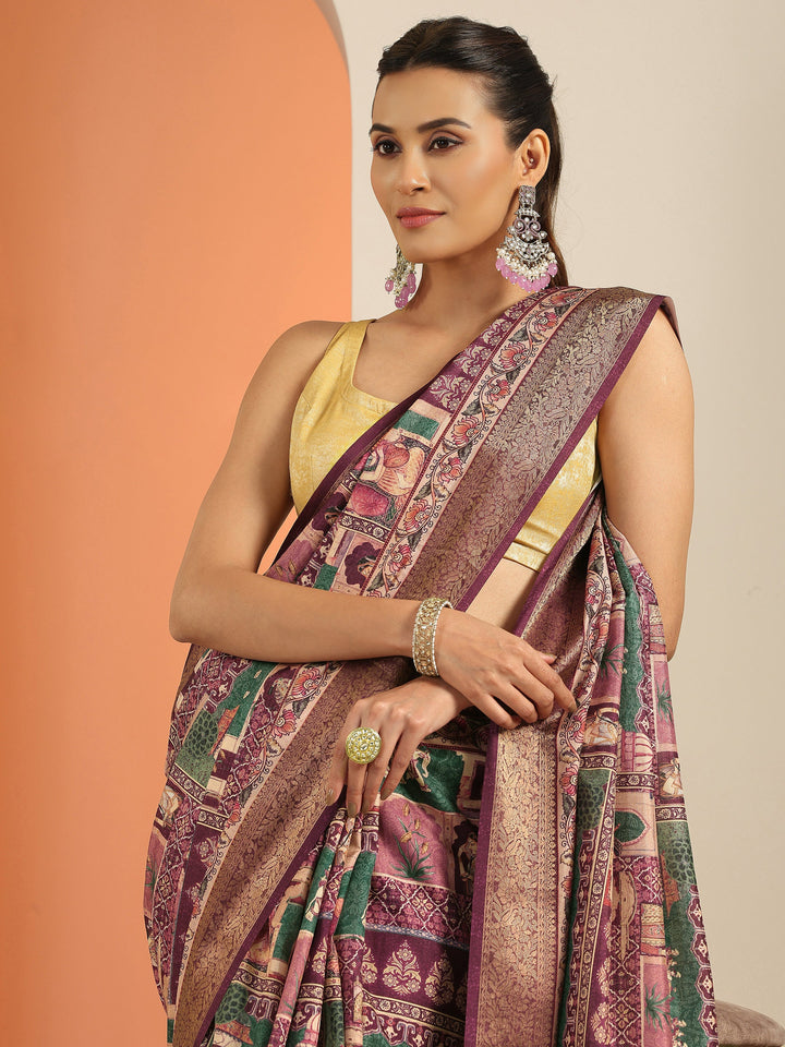 Burgundy Printed Silk Blend Saree With Unstitched Blouse Piece
