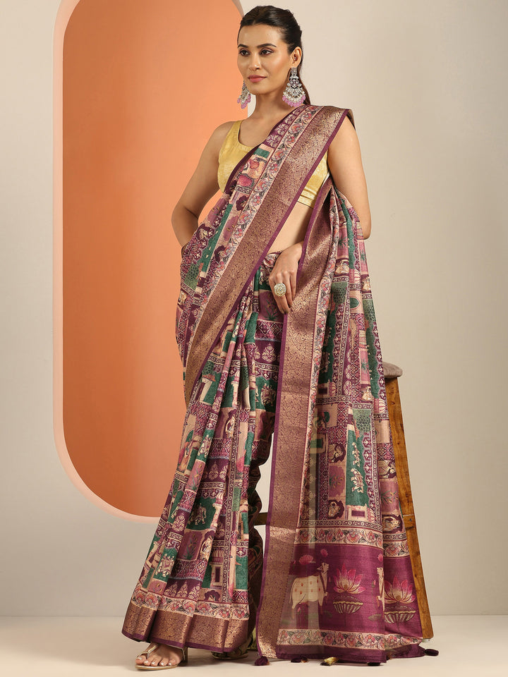 Burgundy Printed Silk Blend Saree With Unstitched Blouse Piece