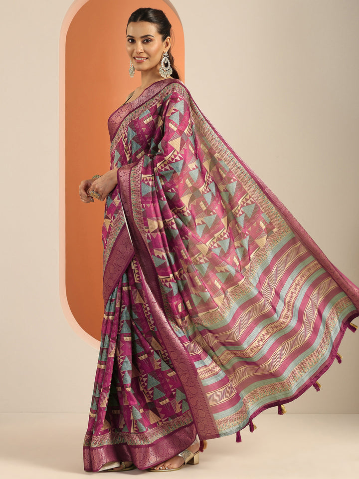 Pink Printed Silk Blend Saree With Unstitched Blouse Piece