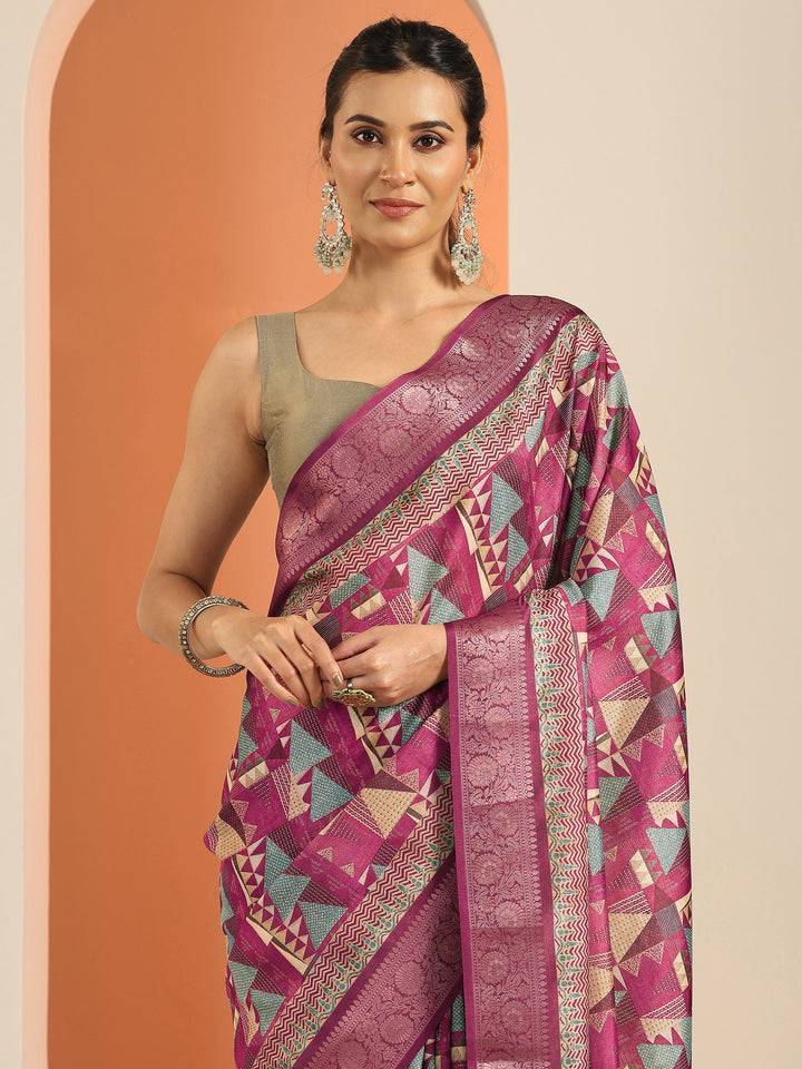 Pink Printed Silk Blend Saree With Unstitched Blouse Piece