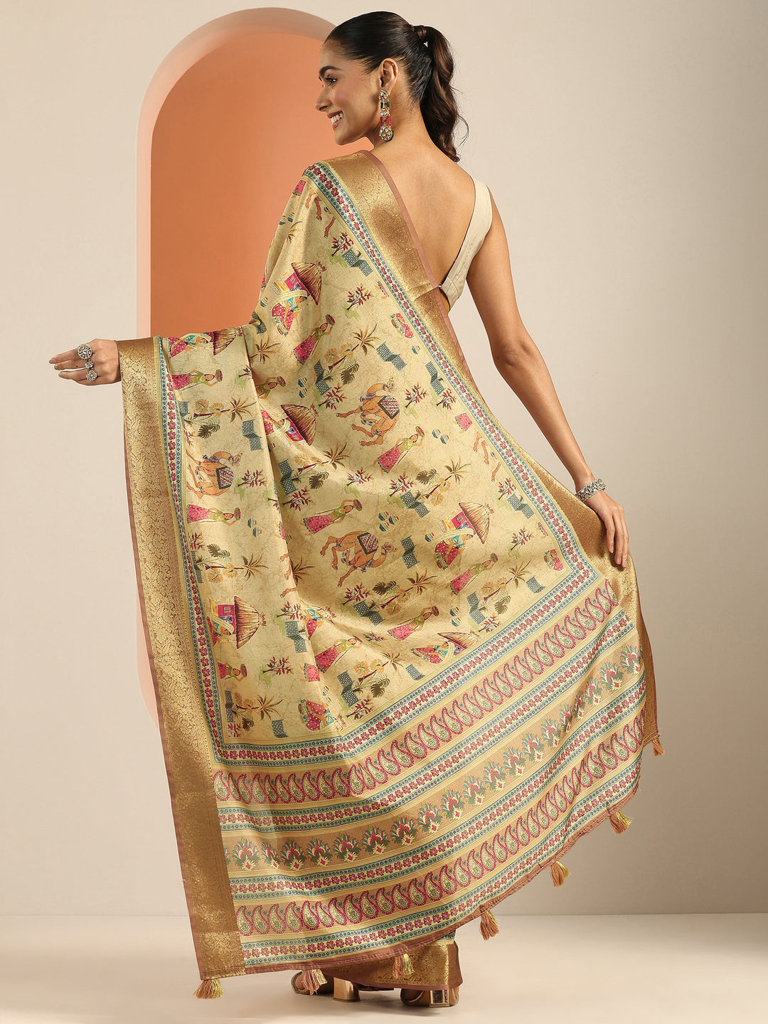 Beige Kalamkari Printed Silk Blend Saree With Unstitched Blouse Piece
