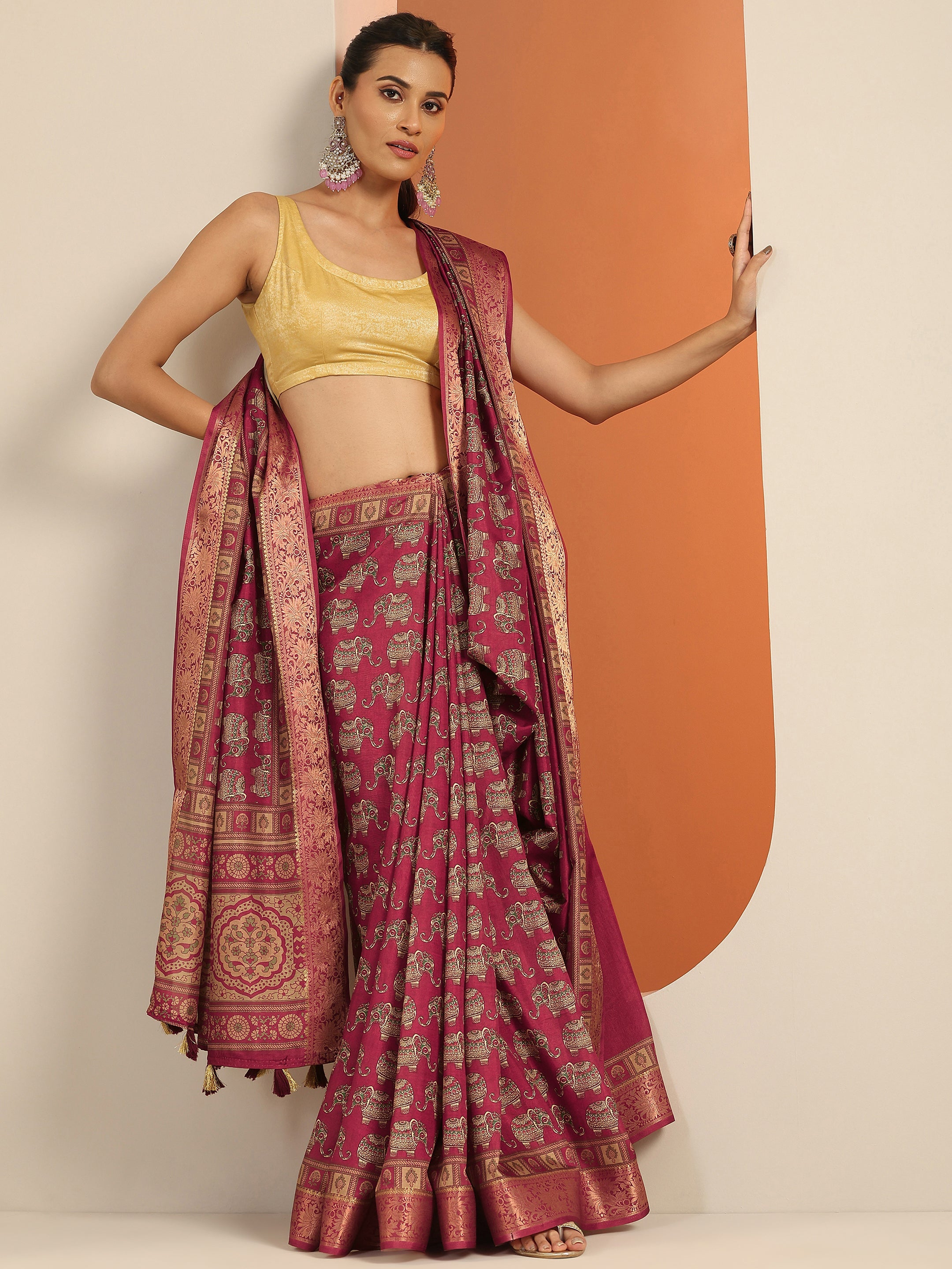 Burgundy Printed Silk Blend Saree With Unstitched Blouse Piece