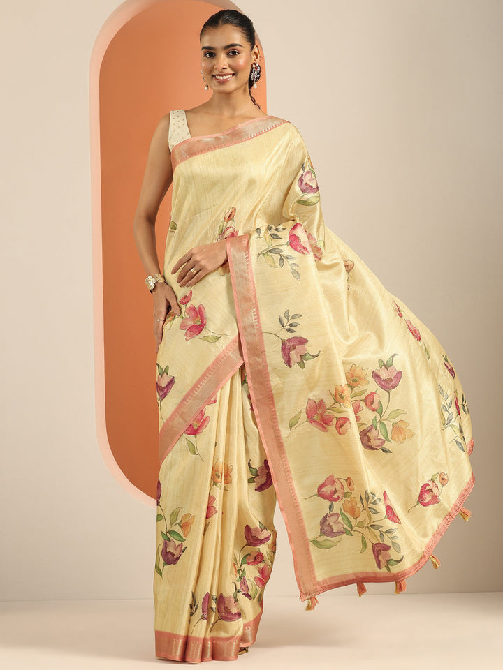 Beige Printed Silk Blend Saree With Unstitched Blouse Piece