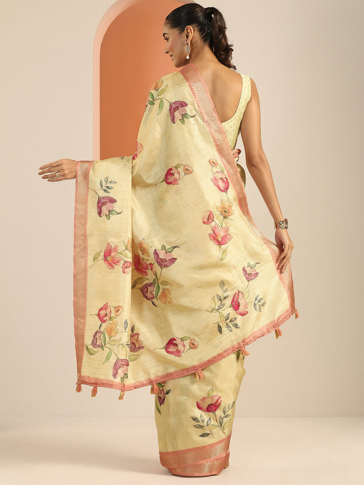 Beige Printed Silk Blend Saree With Unstitched Blouse Piece