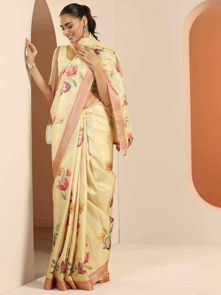 Beige Printed Silk Blend Saree With Unstitched Blouse Piece