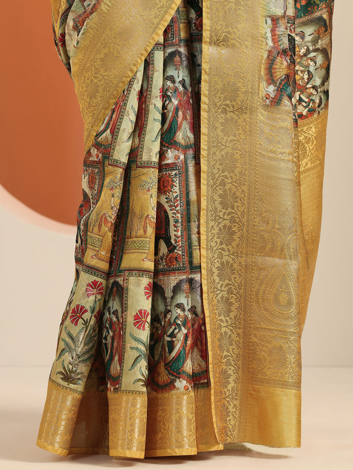 Mustard Printed Silk Blend Saree With Unstitched Blouse Piece