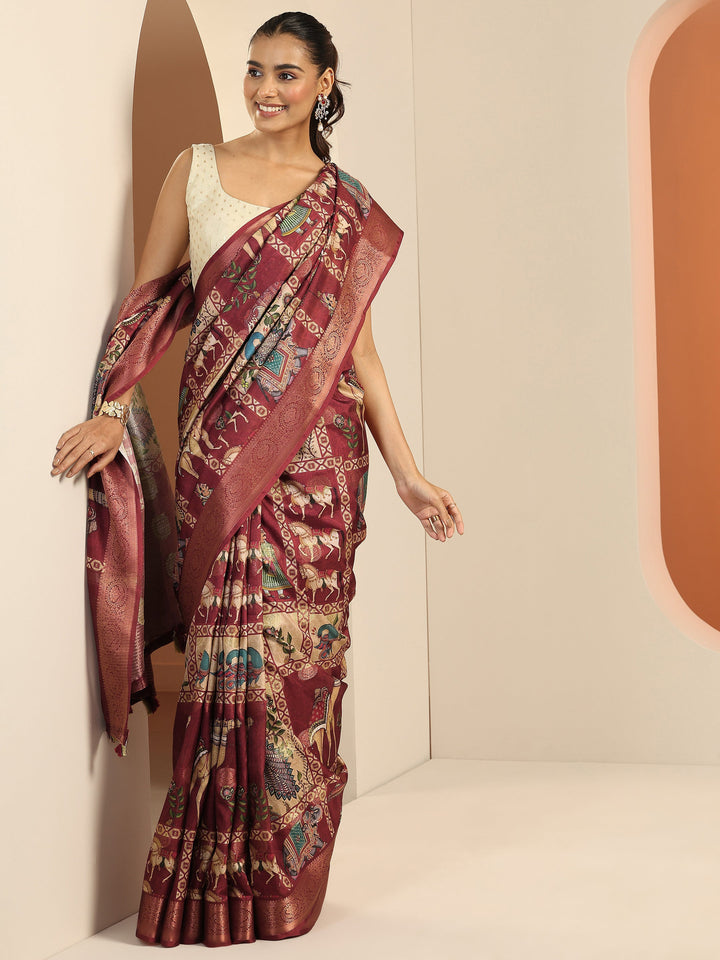 Red Kalamkari Printed Silk Blend Saree With Unstitched Blouse Piece