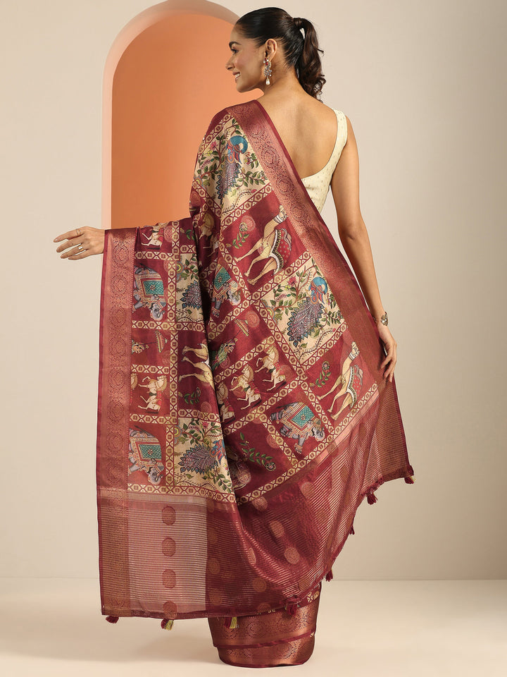 Red Kalamkari Printed Silk Blend Saree With Unstitched Blouse Piece