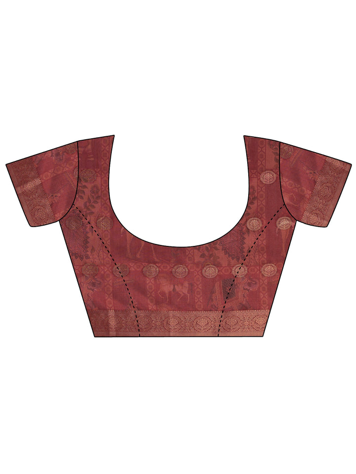 Red Kalamkari Printed Silk Blend Saree With Unstitched Blouse Piece