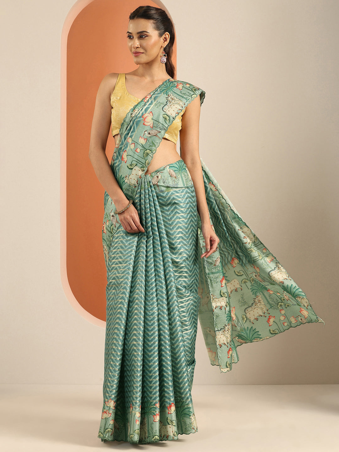 Green Printed Silk Blend Saree With Unstitched Blouse Piece