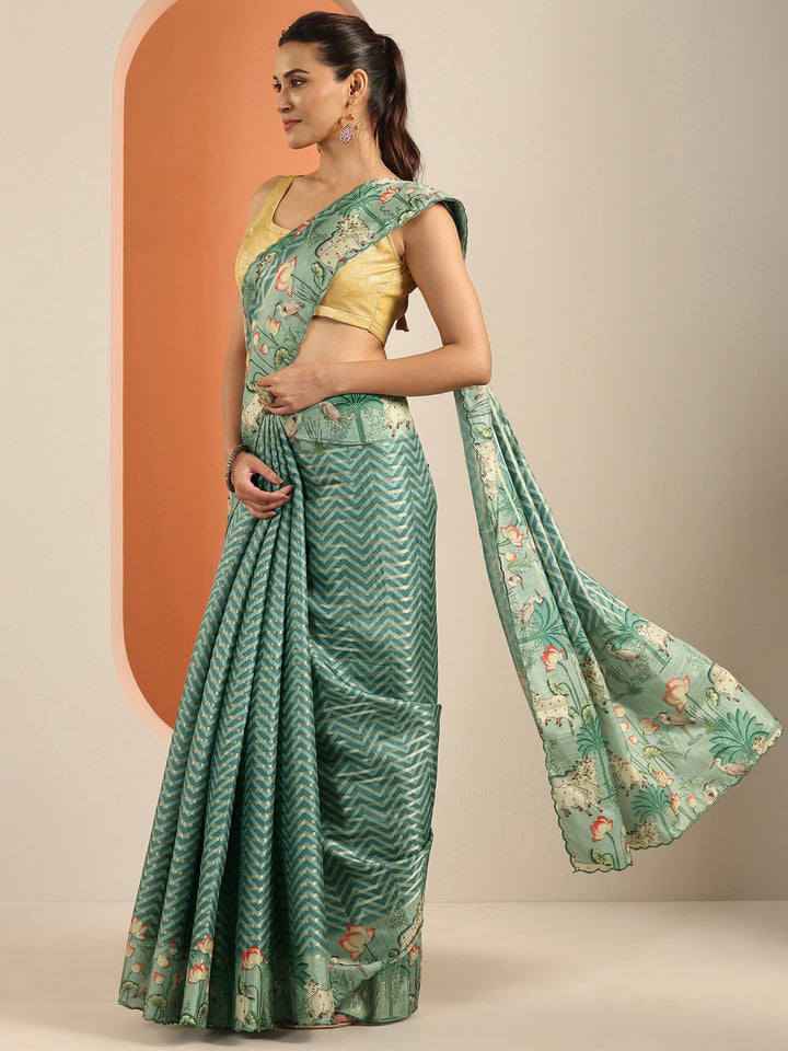 Green Printed Silk Blend Saree With Unstitched Blouse Piece