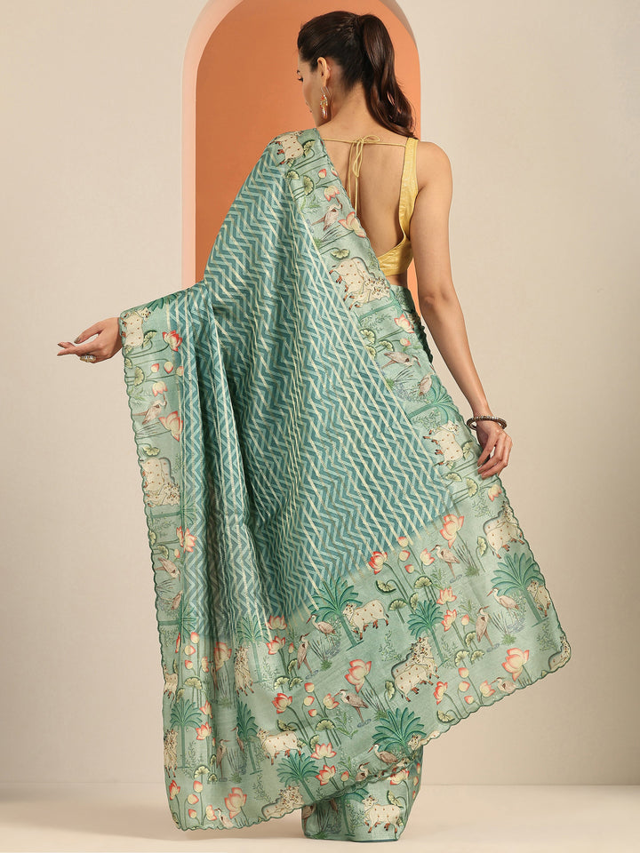 Green Printed Silk Blend Saree With Unstitched Blouse Piece