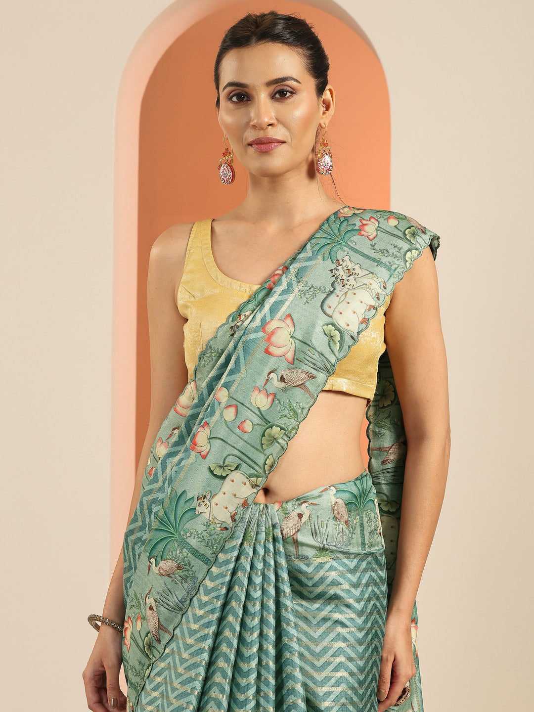 Green Printed Silk Blend Saree With Unstitched Blouse Piece