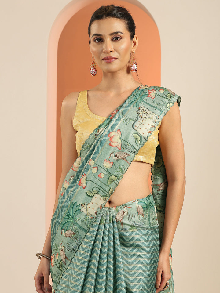 Green Printed Silk Blend Saree With Unstitched Blouse Piece
