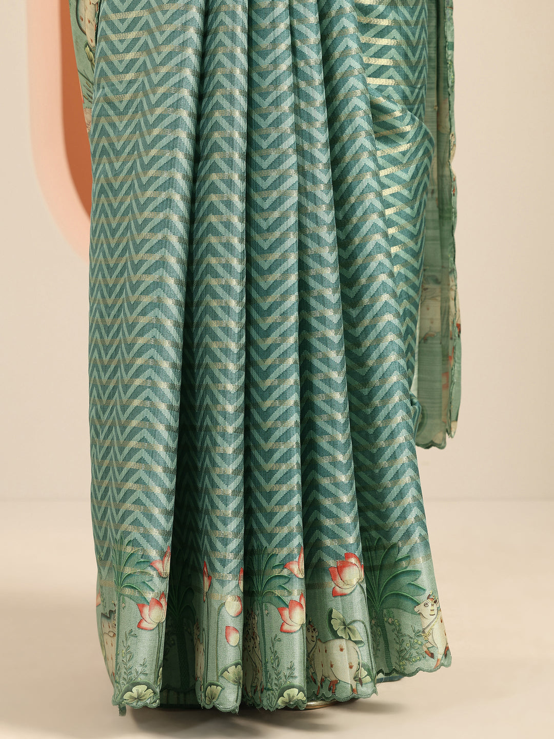 Green Printed Silk Blend Saree With Unstitched Blouse Piece