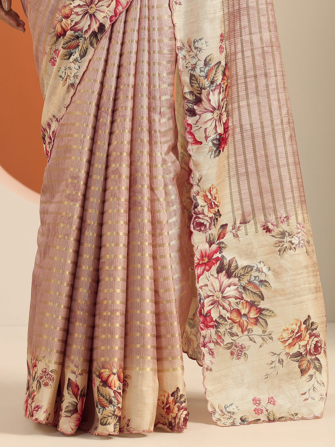 Pink Printed Silk Blend Saree With Unstitched Blouse Piece