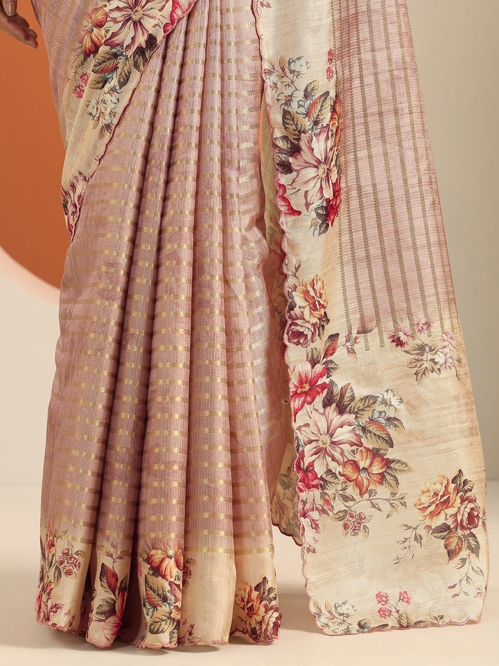 Pink Printed Silk Blend Saree With Unstitched Blouse Piece