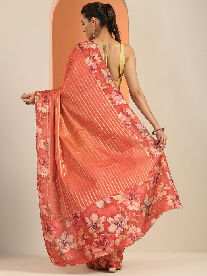 Orange Printed Silk Blend Saree With Unstitched Blouse Piece